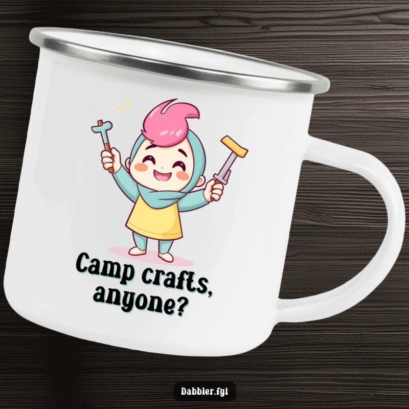 Funny crafter camping mug with a smiling character juggling crafting tools, perfect for artistic outdoor enjoyment and durability.