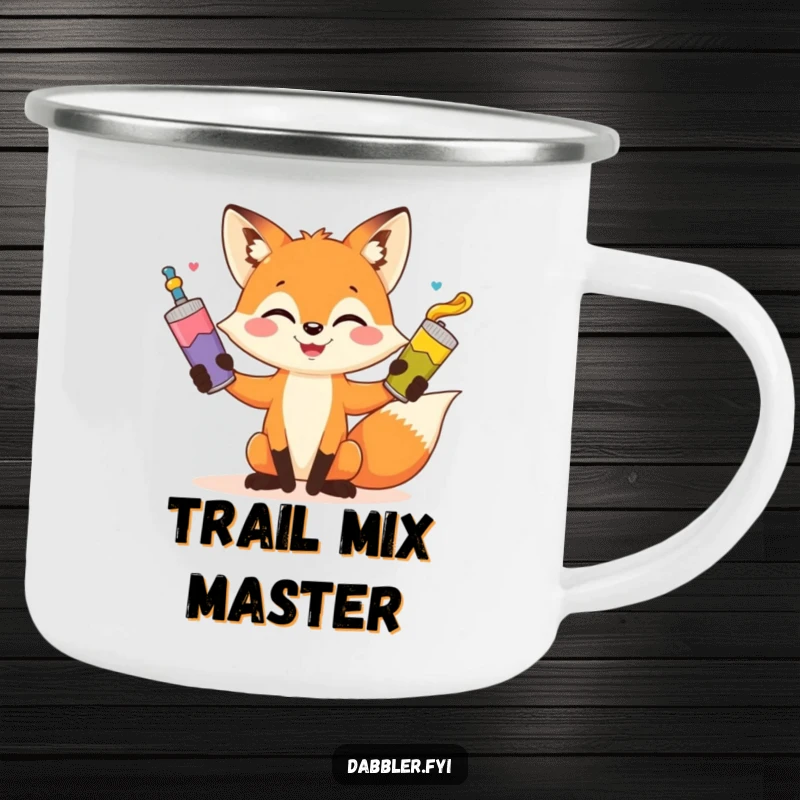 Funny fox camping mug, playful artist fox juggling paint tubes, outdoor, humorous and durable gift for adventurers.