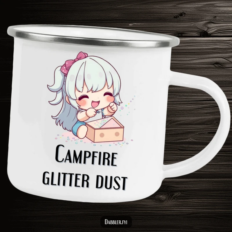 Funny glitter sprinkler camping mug with a happy character sprinkling glitter, perfect for sparkly outdoor enjoyment.