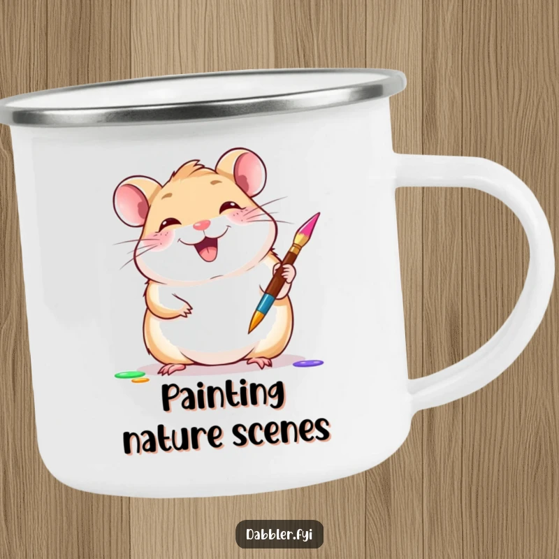 Funny hamster camping mug showing a giggling hamster gleefully trying a new paintbrush, a durable funny gift.