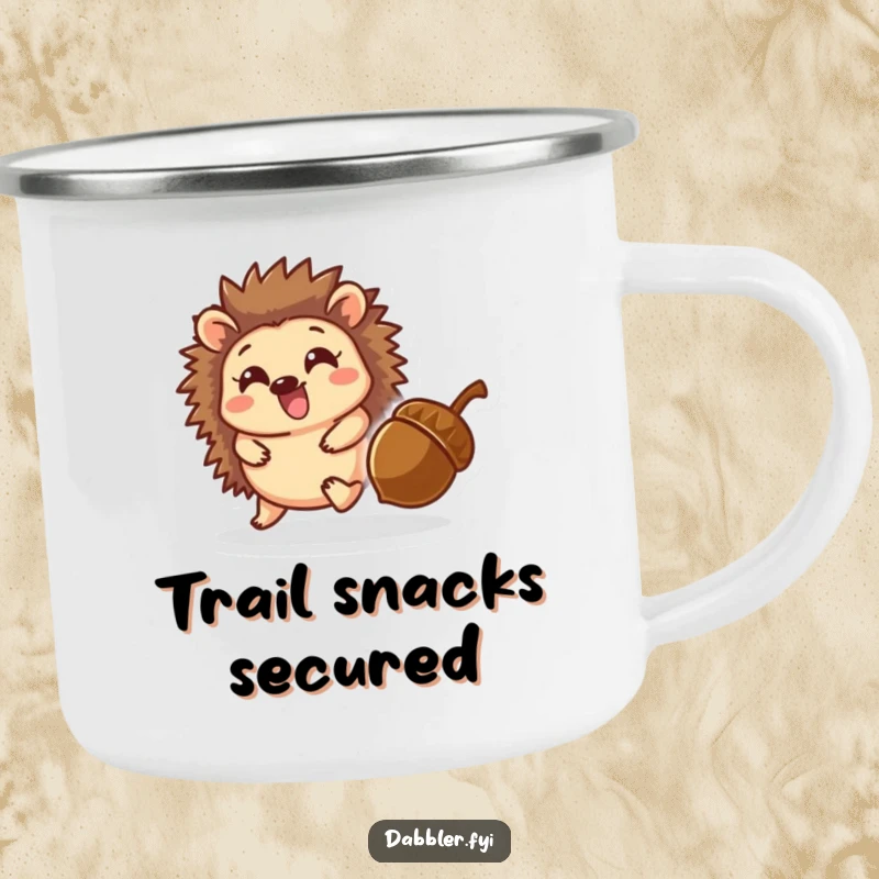 Funny camping mug depicting a delighted hedgehog character playfully chasing a rolling acorn, perfect for adding cheer to outdoor trips.