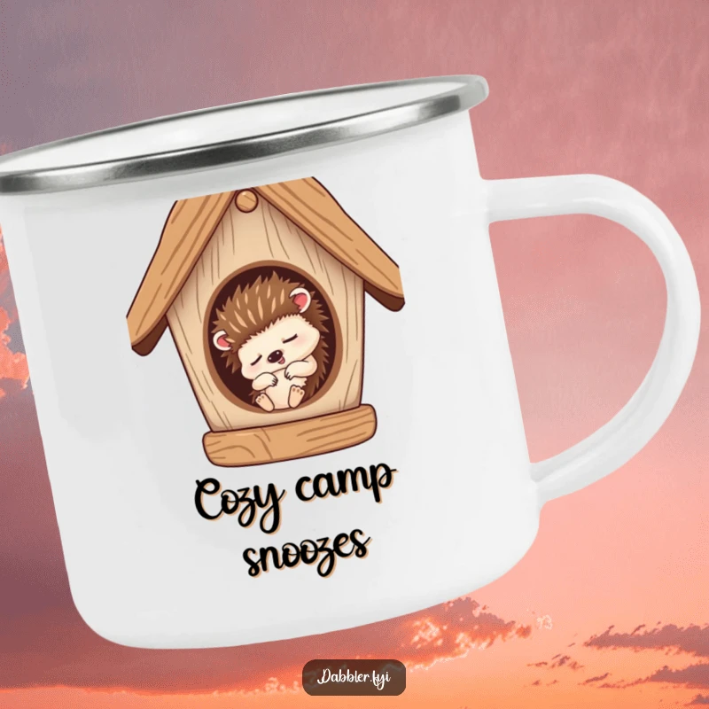 Funny Camping Mug: A sleepy hedgehog character snoozing inside a cozy birdhouse, perfect for relaxing outdoors.