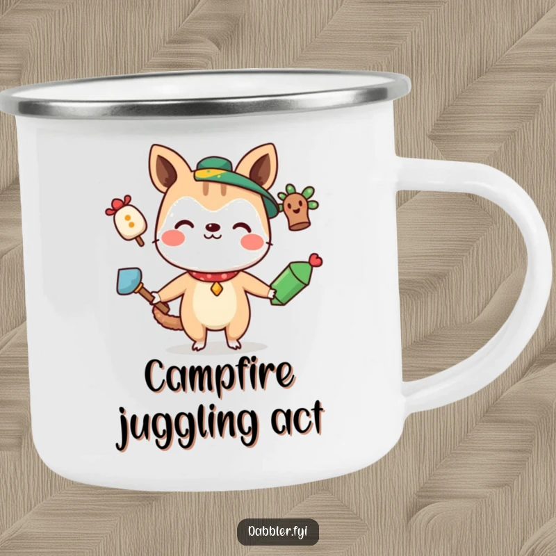 Funny Camping Mug showing a curious animal character smiling while juggling three quirky items, designed for adventurous entertainers.