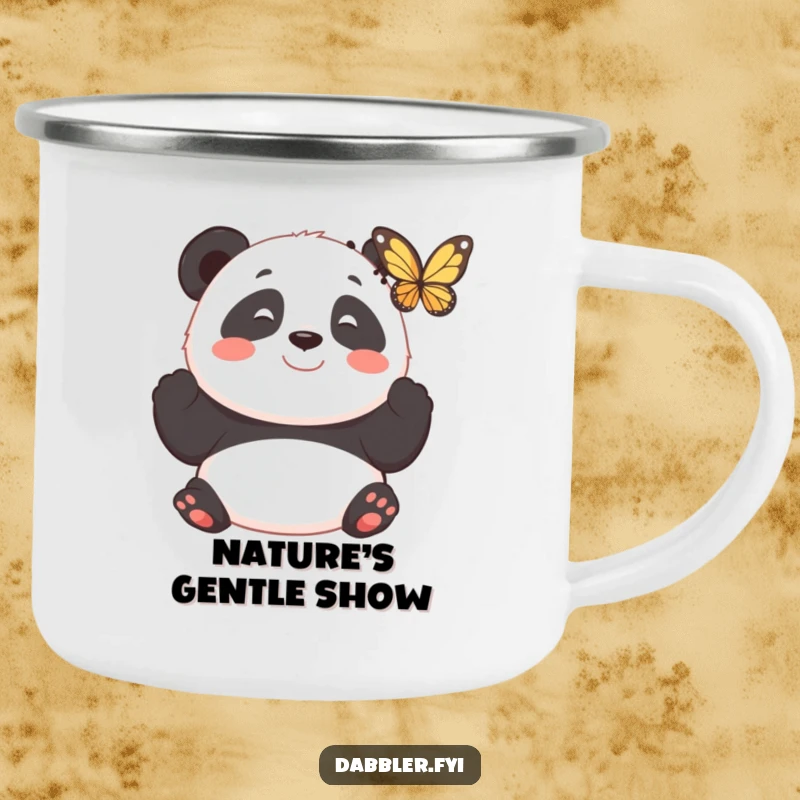 Funny enamel camping mug showing a smiling panda observing a fluttering butterfly with fascination, for peaceful outdoor moments.
