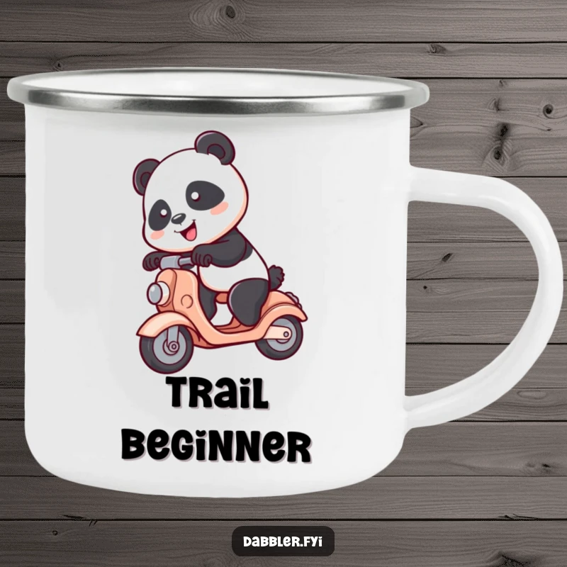 Funny Panda Camping Mug: A spunky panda character comically rides a toy scooter, sturdy for outdoor adventures and humorous moments.