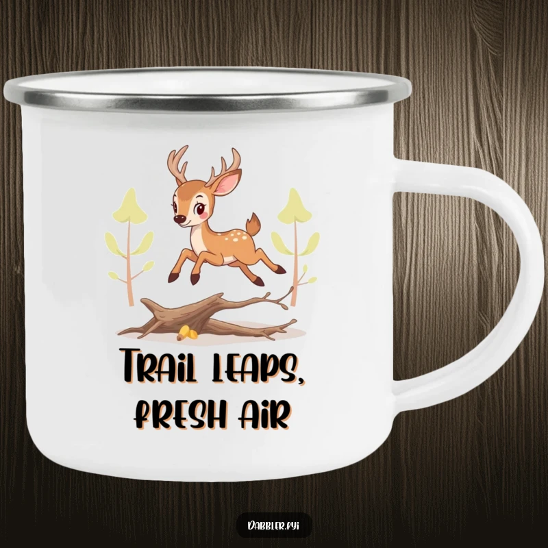 Funny perky deer camping mug, mid-leap over a twig, built for outdoor adventures and cheerful mornings.