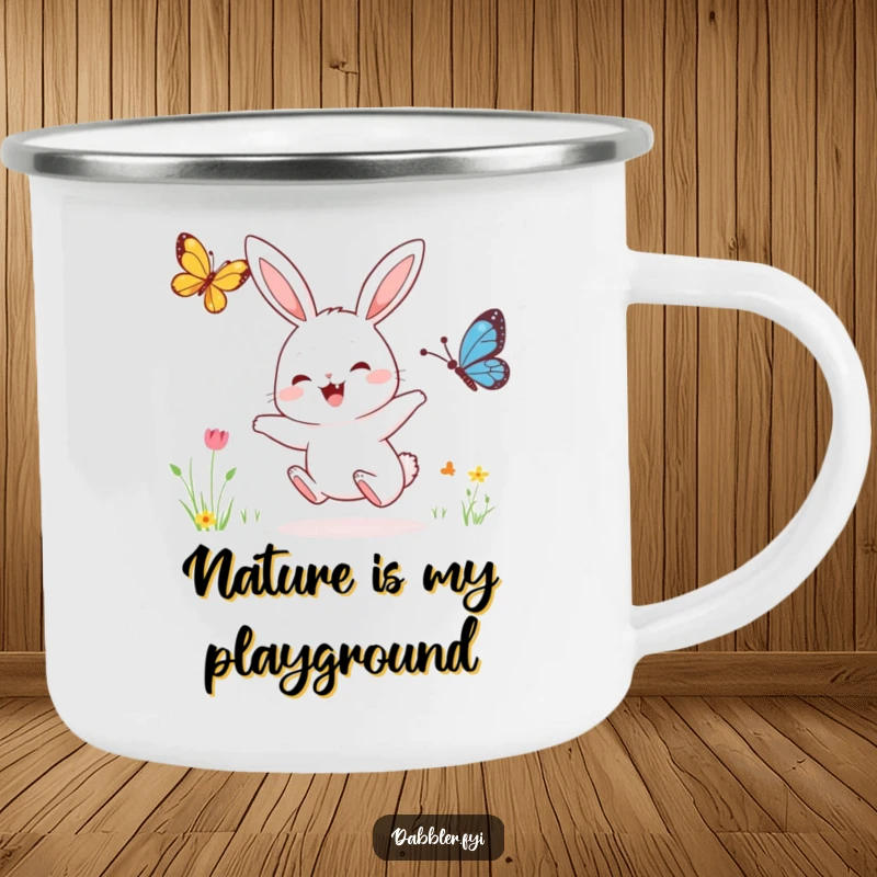 Funny camping mug depicting a joyful rabbit character enthusiastically pursuing a butterfly, perfect for adding cheer to outdoor trips.