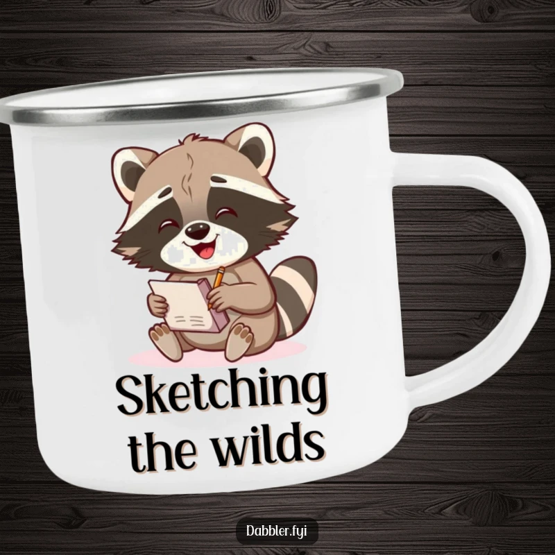 Funny Raccoon Camping Mug: A gleeful raccoon character sketches in a notebook, perfect for outdoor creativity and humorous breaks.