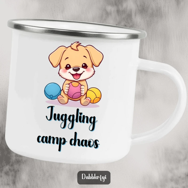 Funny camping mug featuring a cute puppy character humorously juggling colorful balls, ready for outdoor, funny adventures.