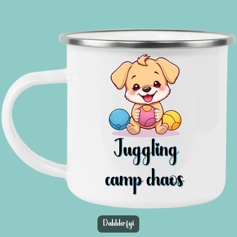 Funny Puppy Juggling Camping Mug: Adventure Fuelled by Pup Play