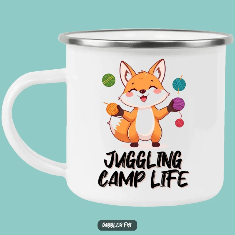 Funny Fox Juggler Camping Mug: Playful Character Juggling Colorful Yarn Balls with a Grin