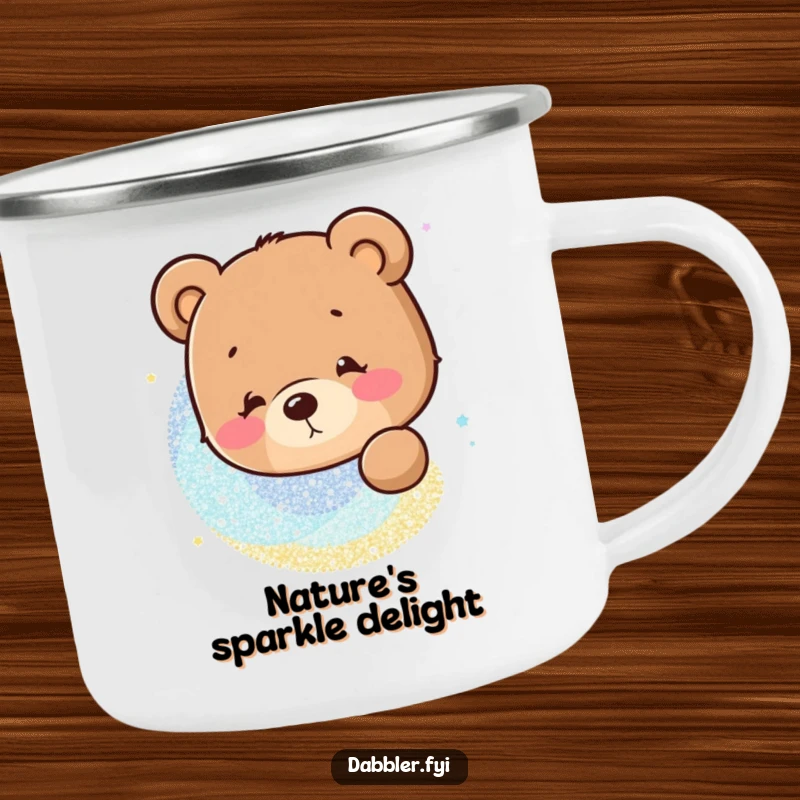 Funny Camping Mug: A curious bear character captivated by a swirling pattern of glitter, perfect for adventures.