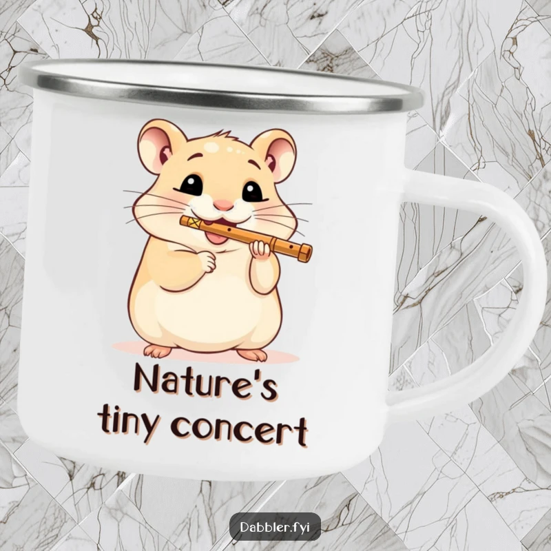 Funny Hamster Camping Mug: A delighted hamster plays a miniature flute, ready for any outdoor adventure with a cheerful melody.