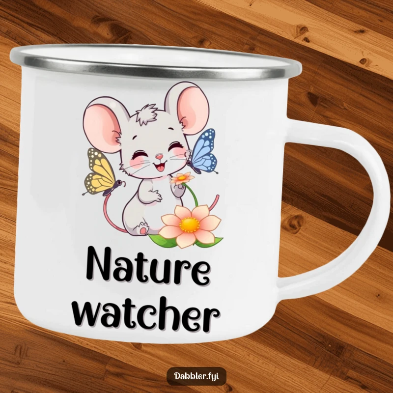 Funny Mouse Camping Mug: Smiling mouse observing a butterfly, perfect for outdoor drinks and embracing nature's small wonders.