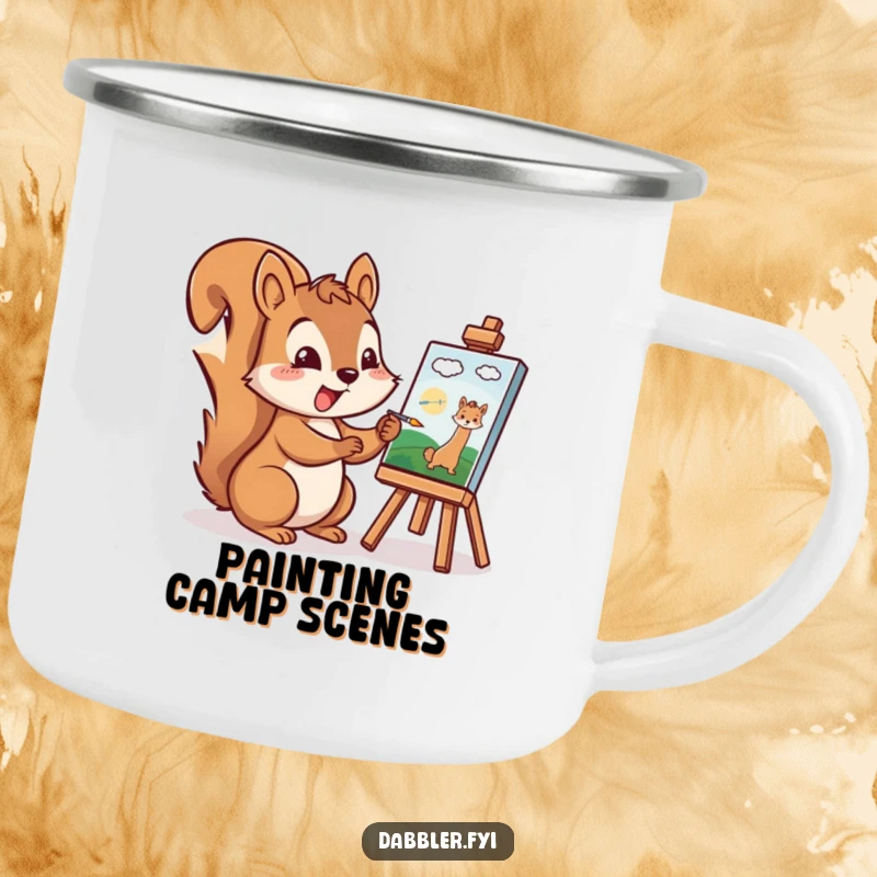 Funny Squirrel Camping Mug: A cheerful squirrel excitedly paints a tiny picture, ideal for outdoor brews and artist gatherings.