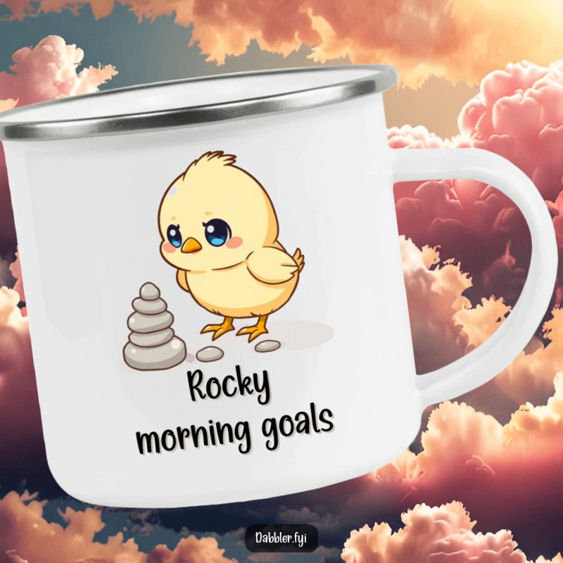 Funny enamel camping mug showing a determined chick stacking pebbles, perfect for outdoor use and humor.