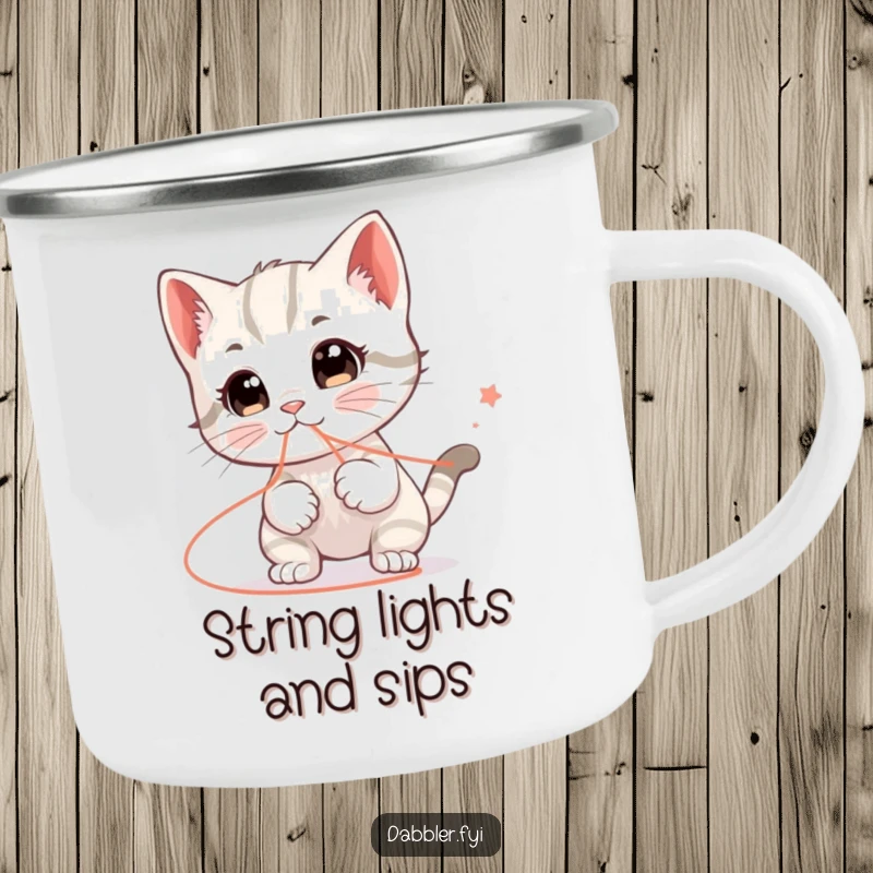 Funny camping mug featuring a happy kitten character humorously playing with a string that leads everywhere, ready for outdoor, funny adventures.