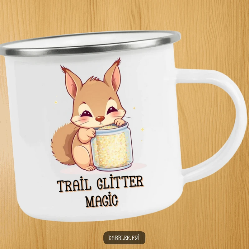 Funny squirrel glitter camping mug, curious squirrel peeking into glitter can, outdoor, humorous and durable gift for adventurers.