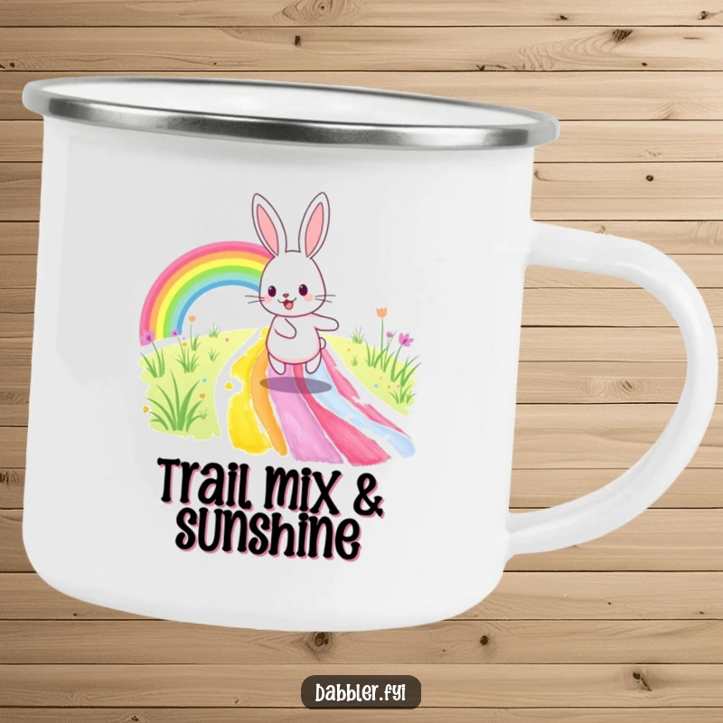 Funny Camping Mug: A happy rabbit skips on a painted rainbow path, ready for adventures and hot beverages with artistic flair.