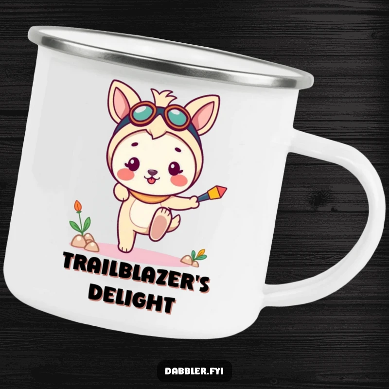 Funny camping mug with a cheerful animal character dipping a toe into a new, fun pursuit, ready for outdoor fun and humor.