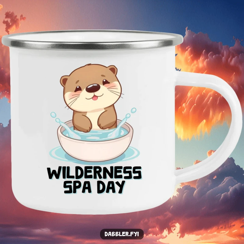 Funny Otter Camping Mug depicting a joyful otter splashing in a dish, ready for outdoor adventures and humorous moments.