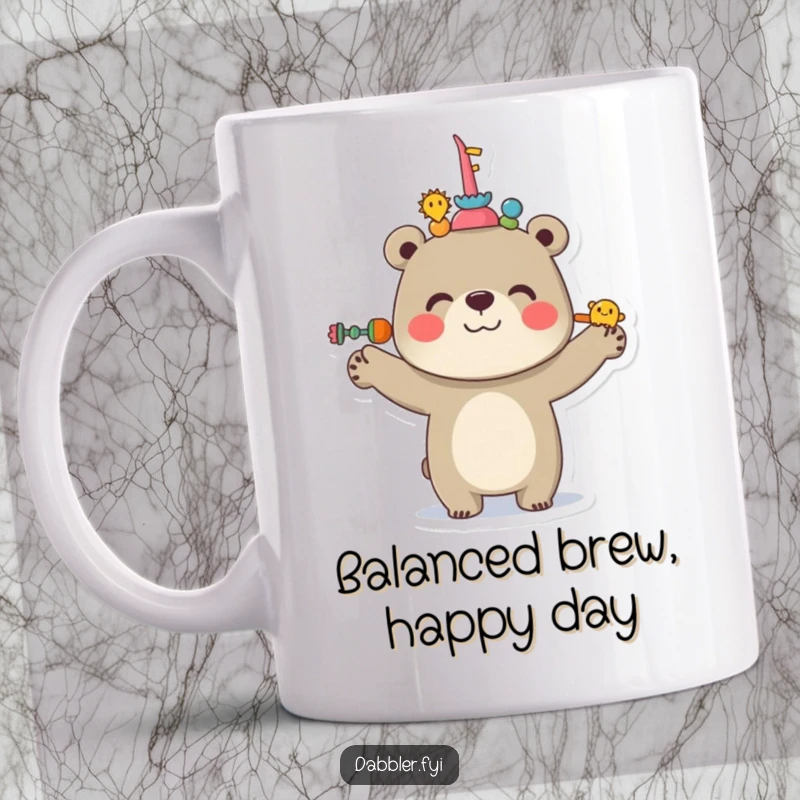 Funny Bear Mug featuring a cheerful bear skillfully balancing multiple objects on its nose, showcasing impressive focus and fun.
