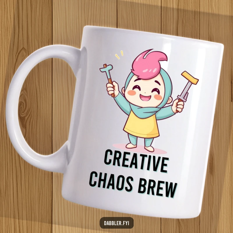 Funny crafter mug depicting a smiling character expertly juggling three different crafting tools with a wide, happy grin.