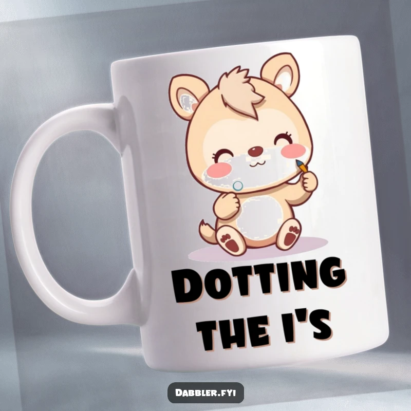 Funny painting animal mug showing a cheerful creature painting a tiny polka dot with great enthusiasm and focus.
