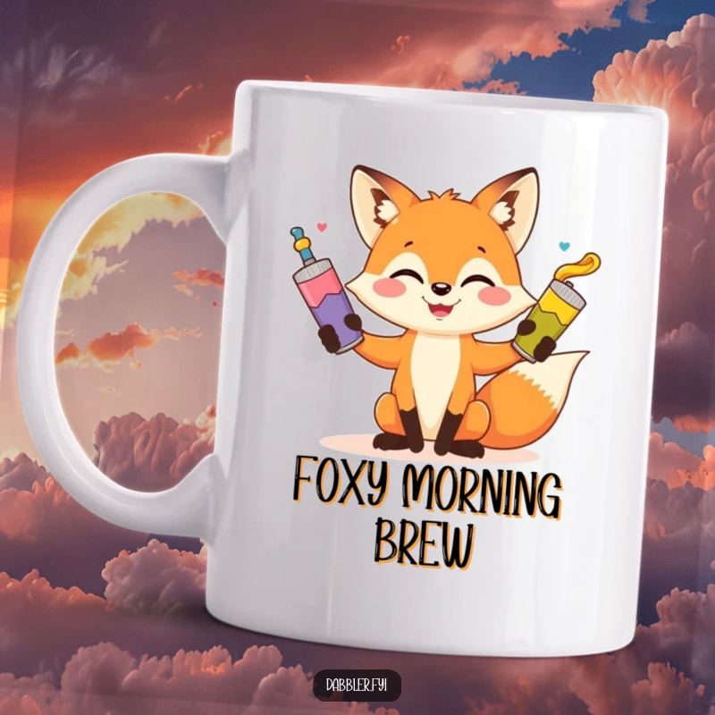 Funny fox juggling paint tubes mug, playful artist fox with a smile, colorful, humorous, perfect gift for art enthusiasts.
