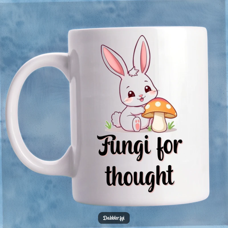 Funny happy bunny mug, curiously poking a colorful mushroom with one ear perked up, symbolizing playful exploration and nature's wonders.