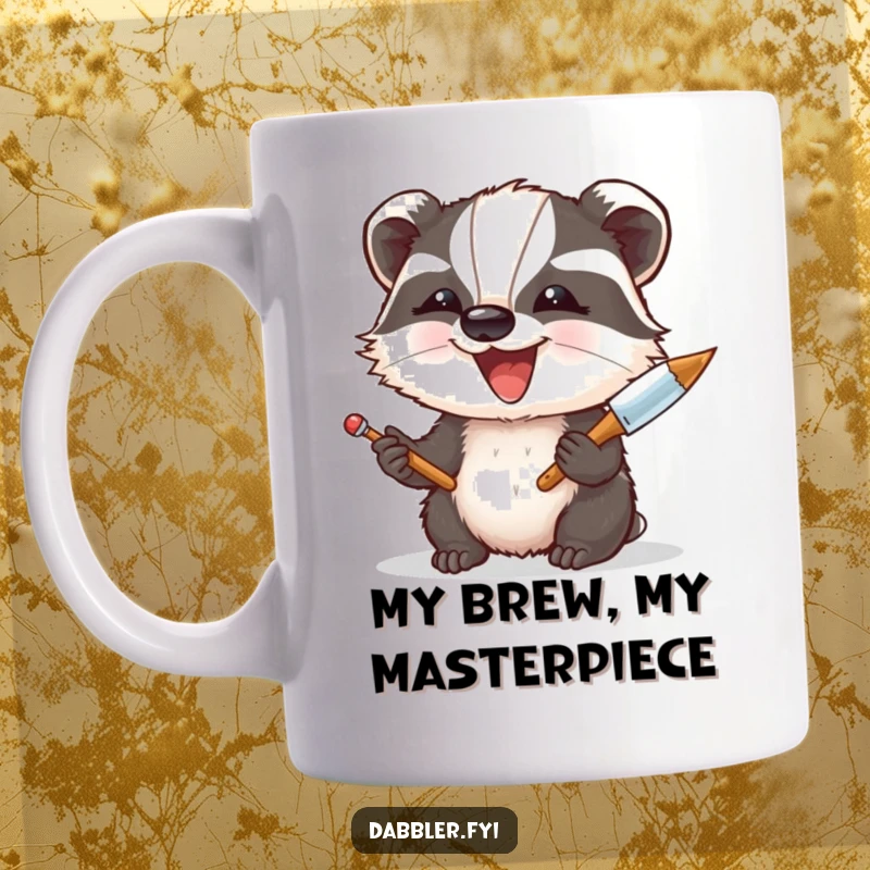 Funny Mug: A delighted badger excitedly experiments with a palette knife, splattering paint with artistic enthusiasm and a happy expression.