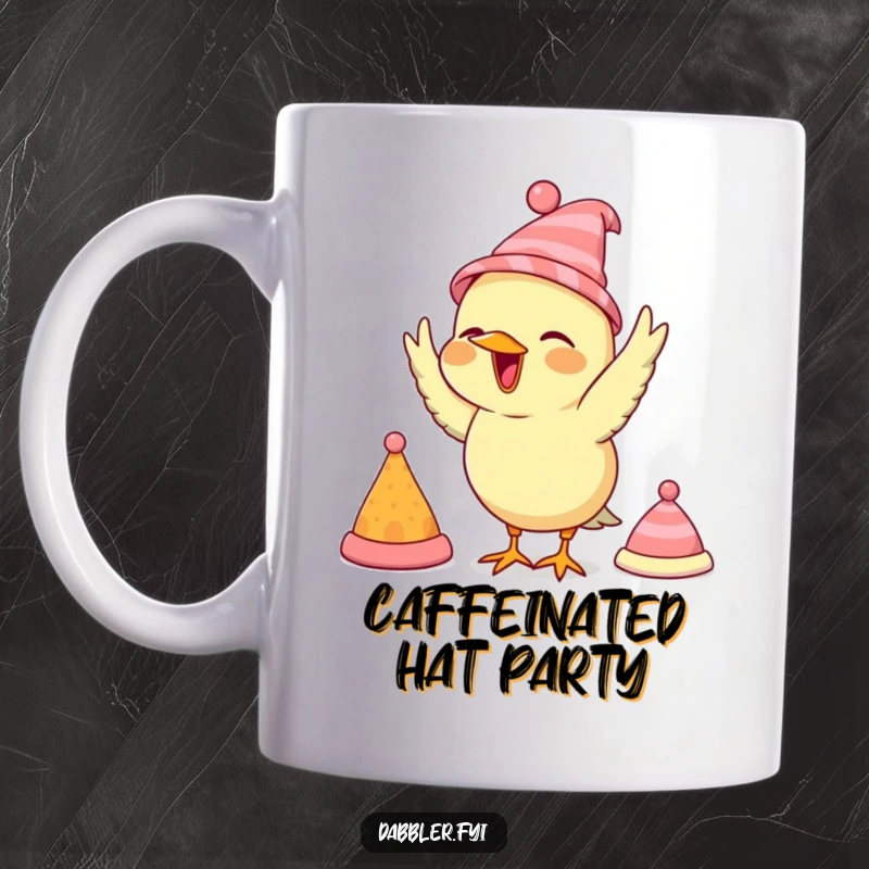 Funny bird mug, enthusiastically trying on various tiny hats, showcasing quirky fashion and avian charm.