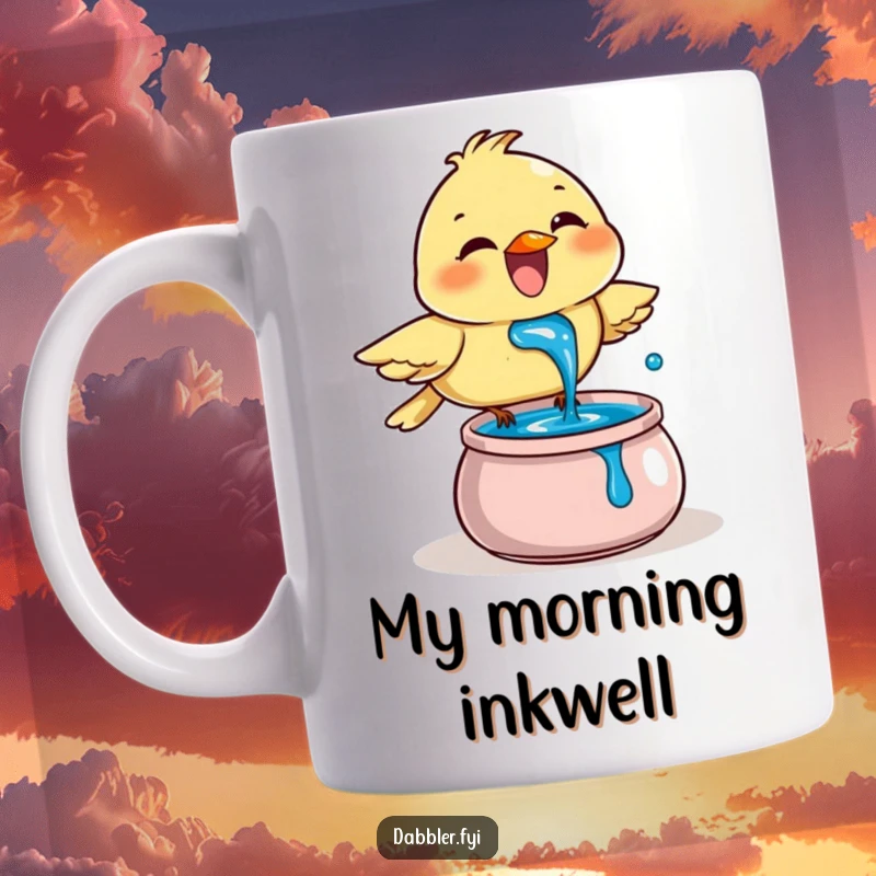 Funny Mug: A joyful bird enthusiastically dips its beak into a pot of vibrant blue ink, creating artistic ripples.