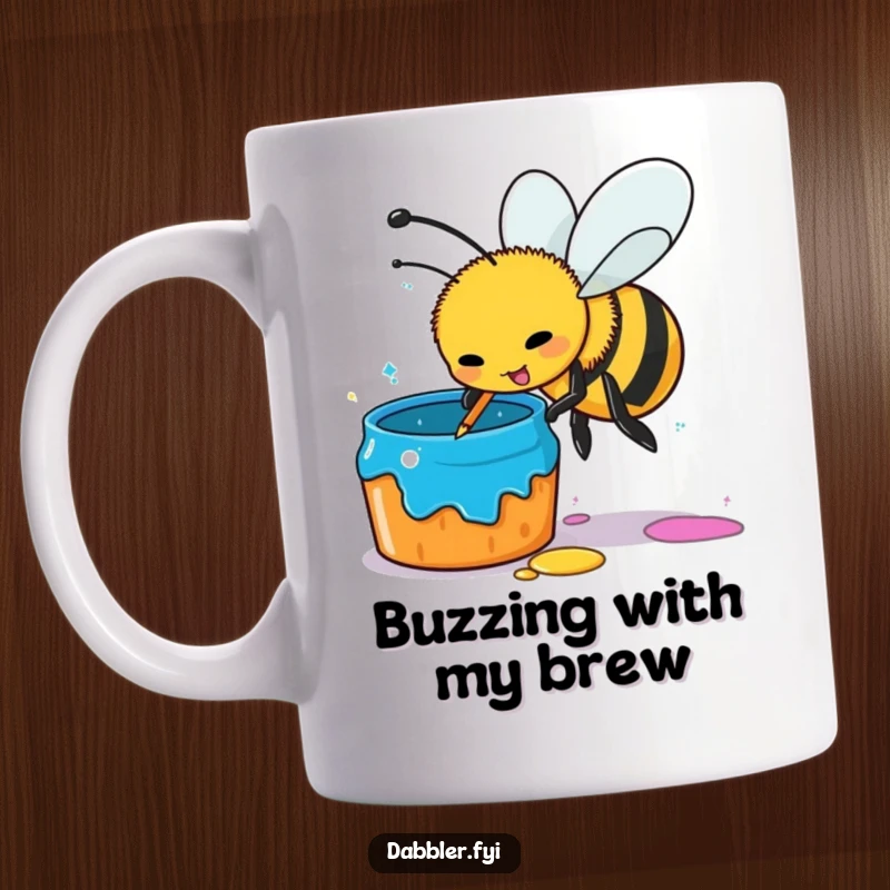 Funny busy bee mug, artist bee dipping stinger in vibrant paint pot, buzzing with creativity and humor, perfect gift for art lovers.