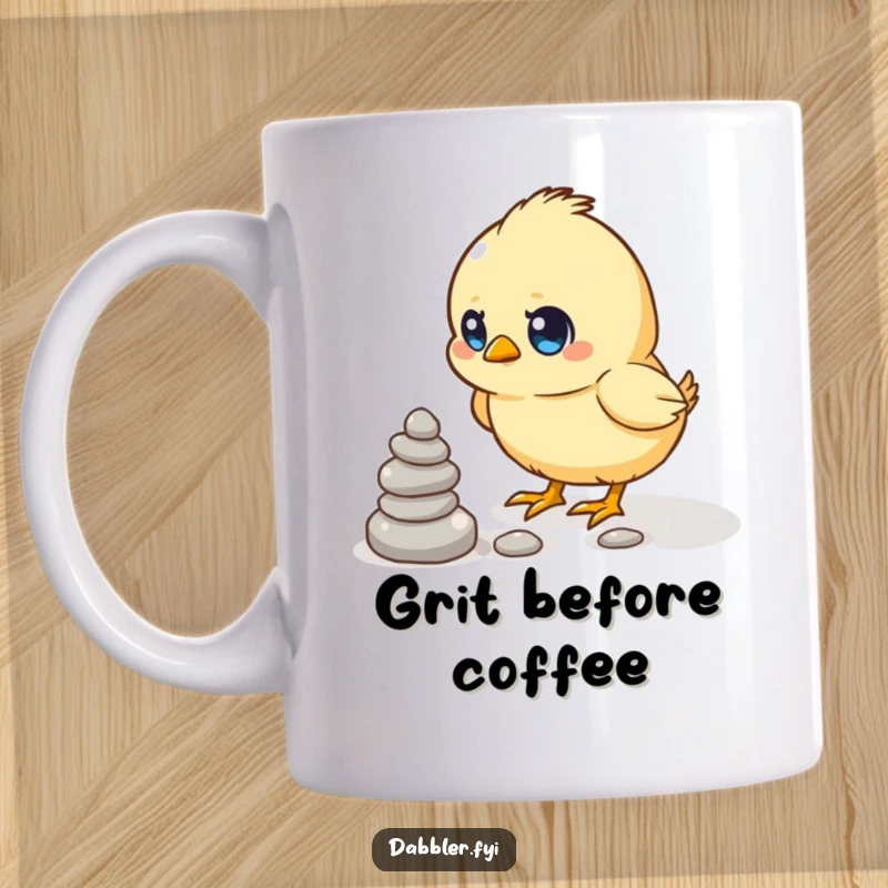 Funny mug showing a determined chick trying to stack small pebbles, conveying perseverance and effort humorously.