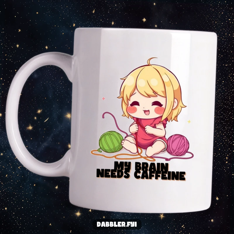 Funny mug showing a lively character enthusiastically experimenting with a rainbow of colorful embroidery threads, showcasing their passion for sewing and fun.