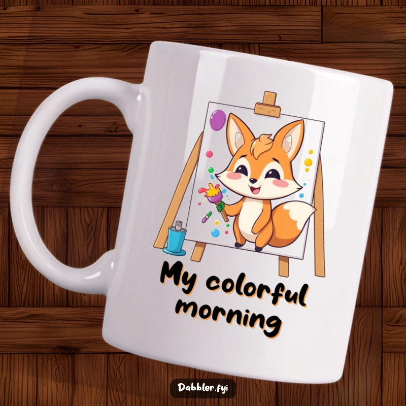 Funny Fox Mug: Happy fox character splashes colorful paint onto a blank canvas with a wide grin.