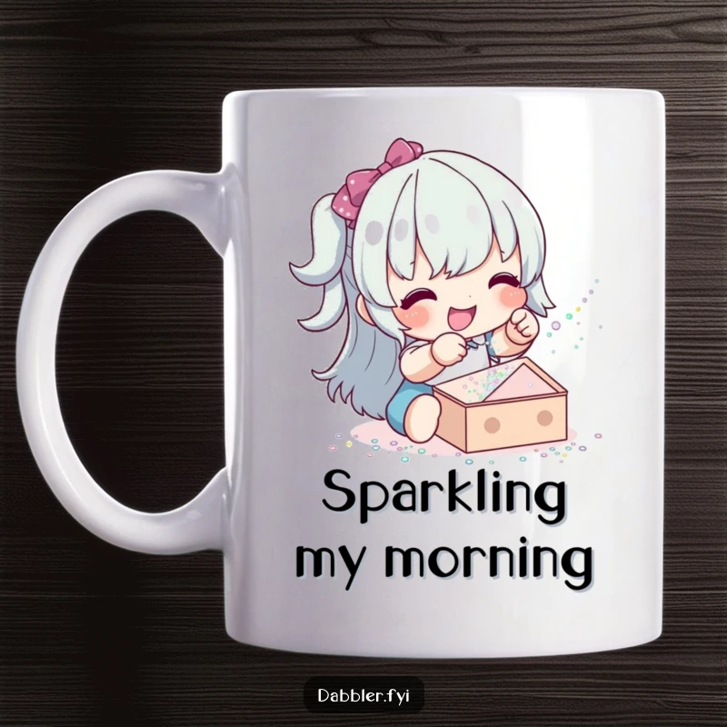 Funny glitter sprinkler mug depicting a happy character playfully showering a small project with shimmering glitter with a smile.