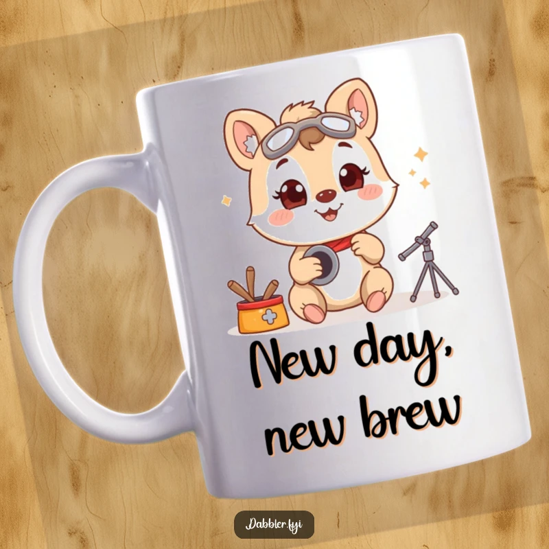 Funny mug featuring a smiling animal character trying a new hobby with infectious, wide-eyed enthusiasm, embodying excitement for learning.