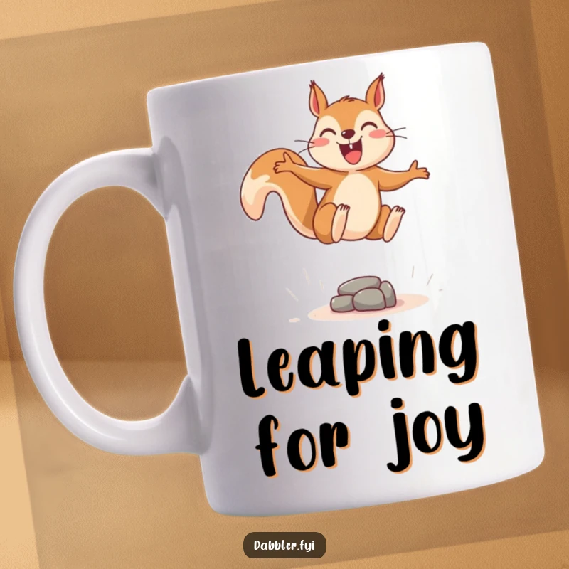 Funny mug featuring a joyous squirrel leaping energetically over a tiny, imaginary obstacle, conveying fun.