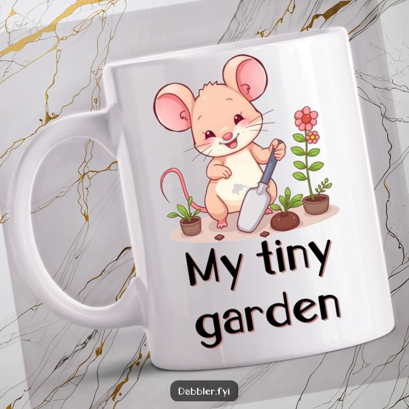 Funny Mug: A happy mouse character using a small trowel to meticulously arrange miniature plants in a garden setting.