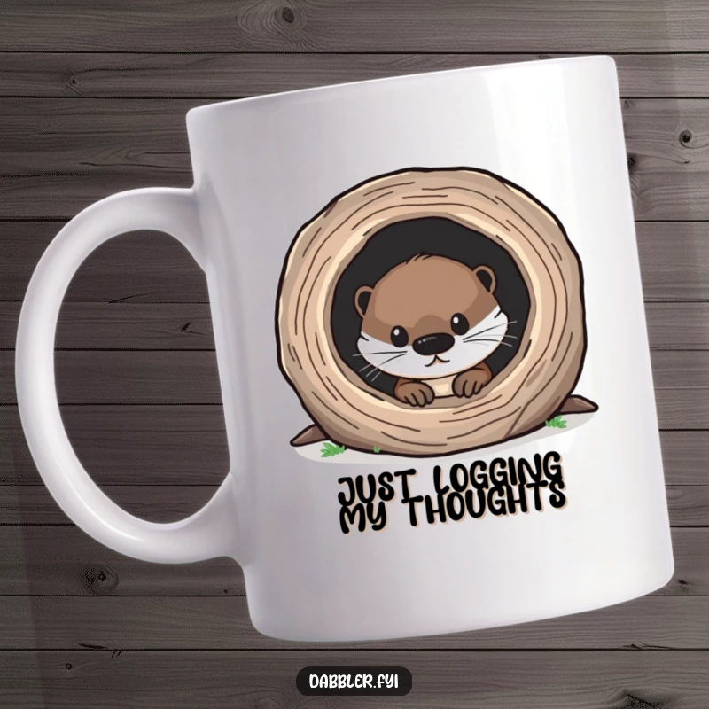 Funny Otter Mug featuring a curious otter peeking into a tiny hollow log, showcasing its inquisitive and playful nature.