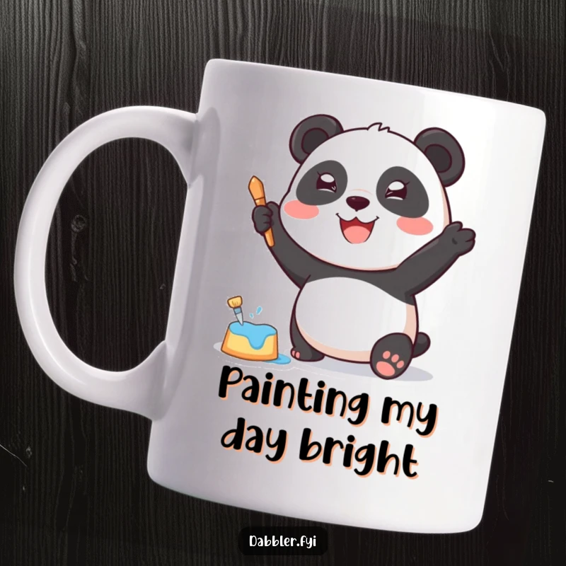 Funny Mug: A joyful panda character enthusiastically dabbing paint with a sponge onto a surface with a happy expression.