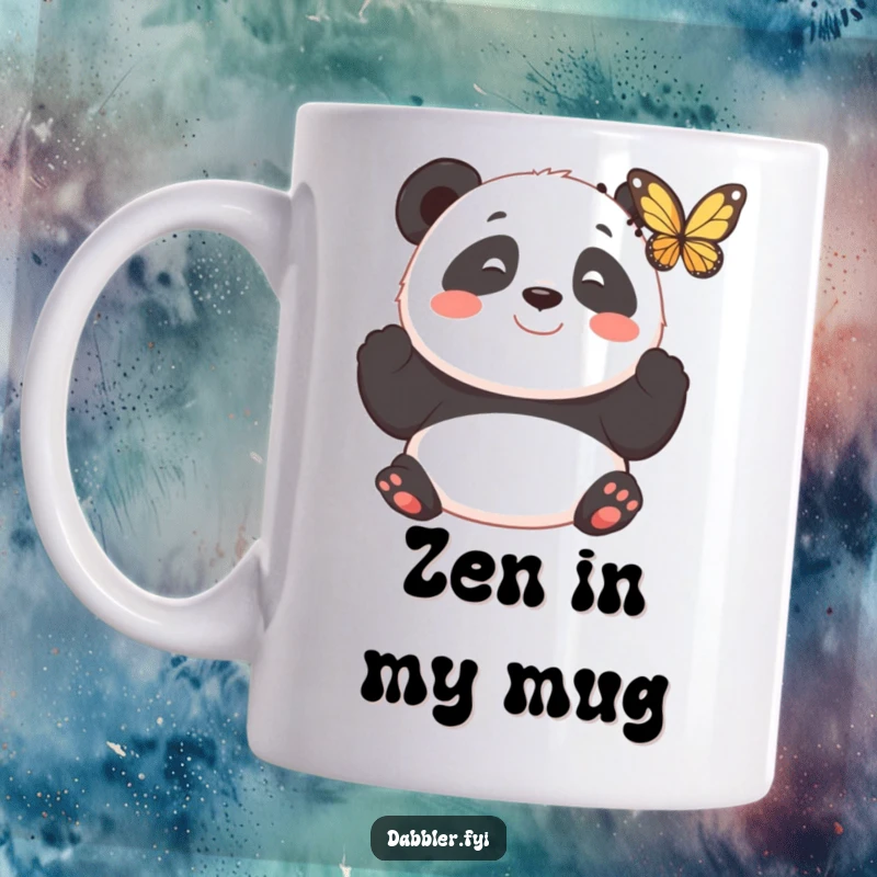 Funny mug featuring a smiling panda observing a fluttering butterfly with peaceful fascination, ideal for relaxation.