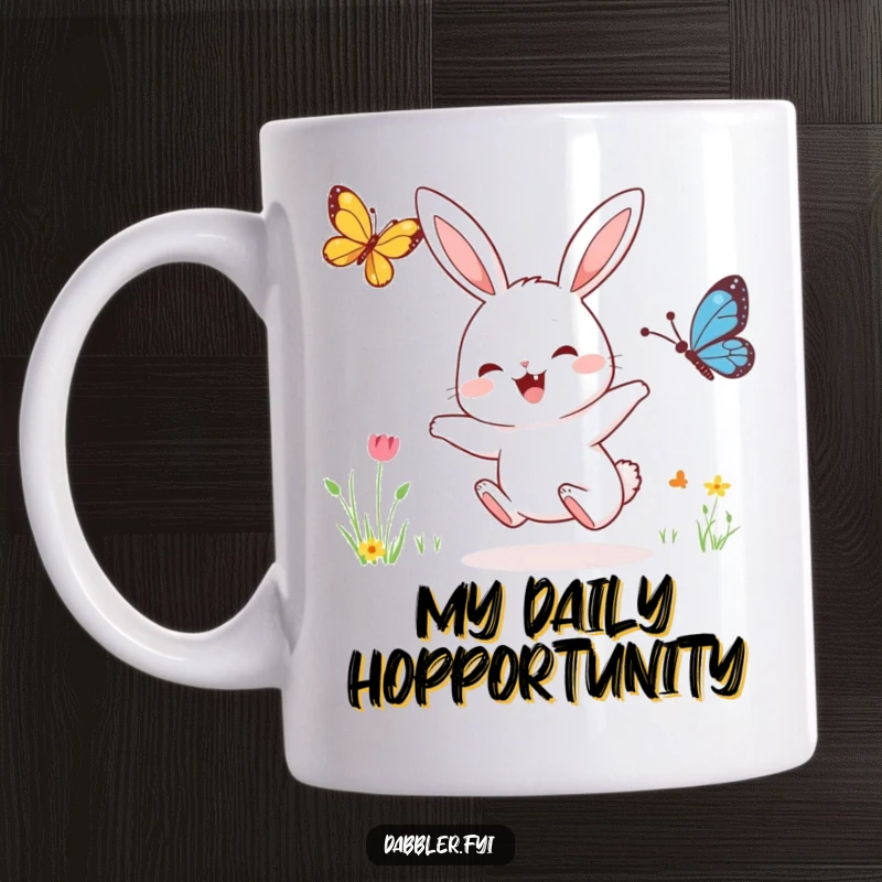 Funny mug showing a happy rabbit character with big eyes, enthusiastically leaping after a colorful butterfly in a sunny meadow.