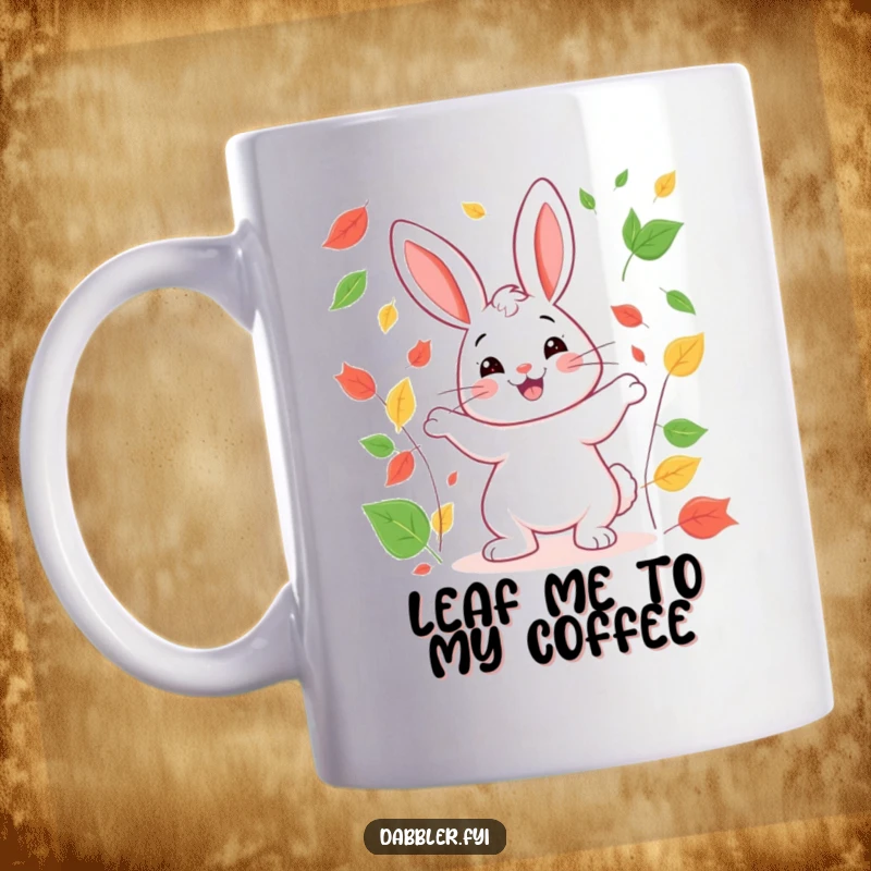 Funny rabbit mug showing a happy rabbit smiling broadly while juggling colorful autumn leaves, radiating pure joy.
