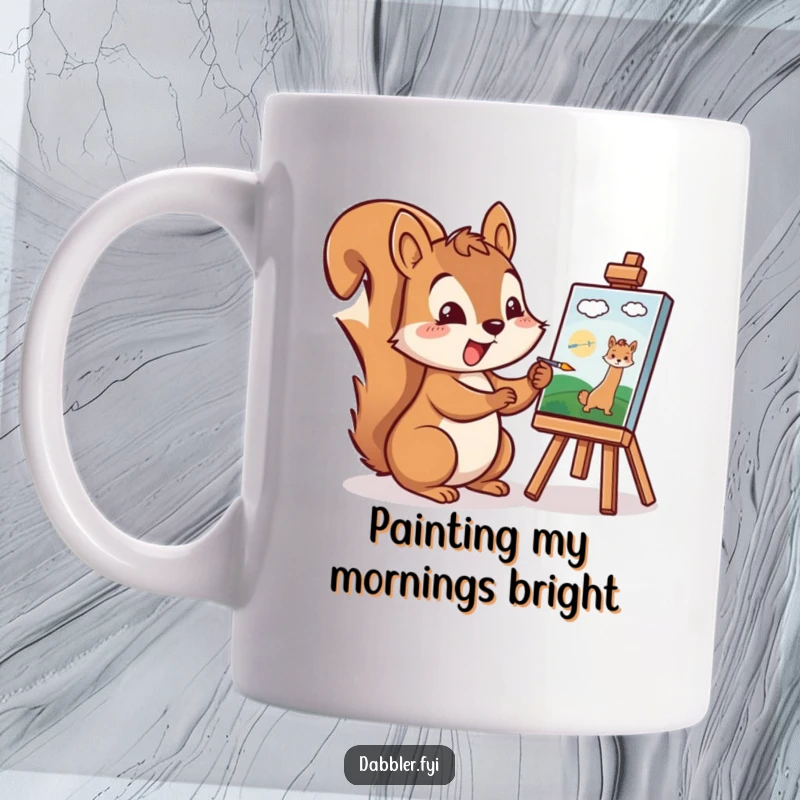 Funny Squirrel Mug: A cheerful squirrel excitedly attempts to paint a tiny picture on a small canvas, looking focused.