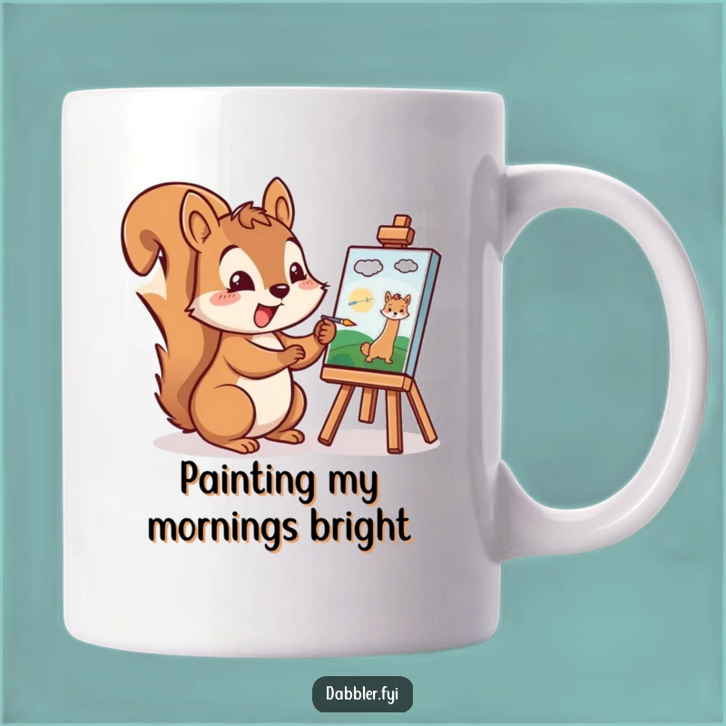 Funny Squirrel Artist Mug: Cheerful Character Painting a Tiny Picture Excitedly