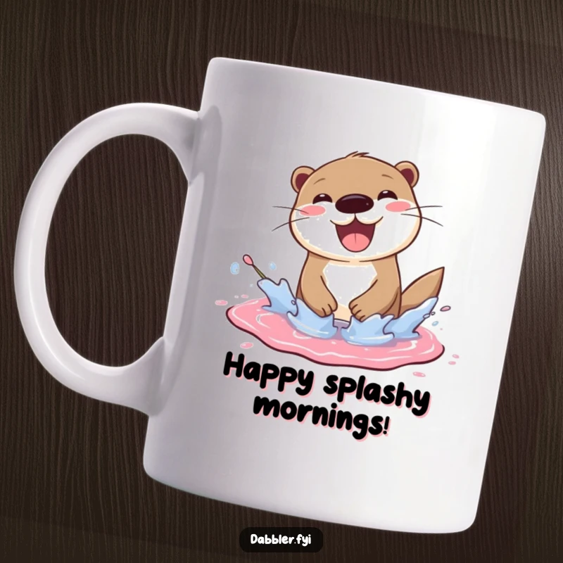 Funny otter mug showing a cheerful otter splashing joyfully in a paint puddle, a vibrant funny gift.