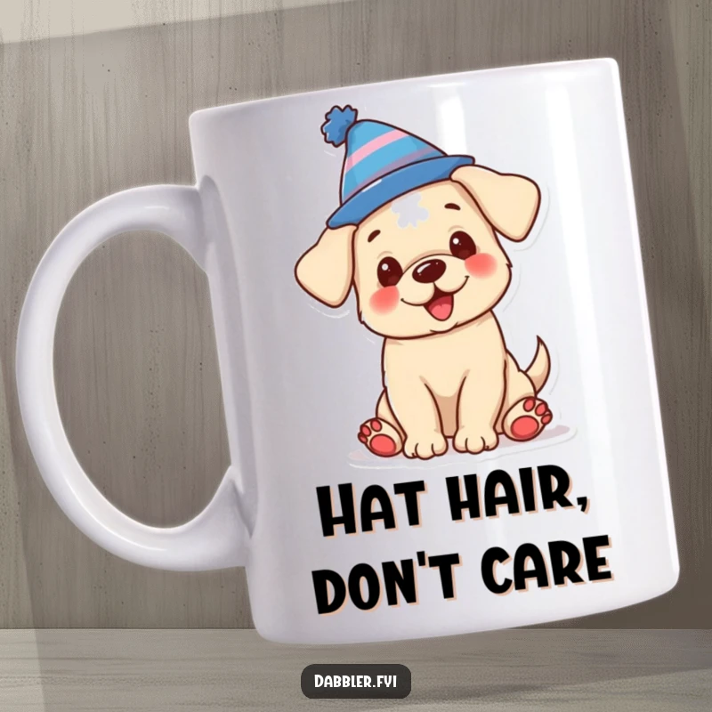 Funny mug with a puppy excitedly wearing a silly, colorful hat, radiating happiness and a sense of fun.